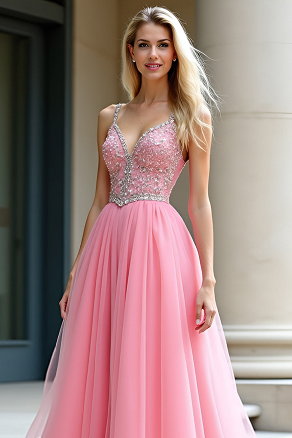 Sparkly Pink Ball Gown Spaghetti Straps Tulle Long Formal Dress with Beading