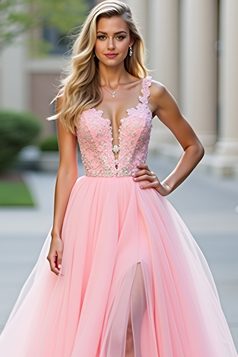Blush Pink Ball Gown Deep V Neck Appliqued Long Formal Dress with Slit