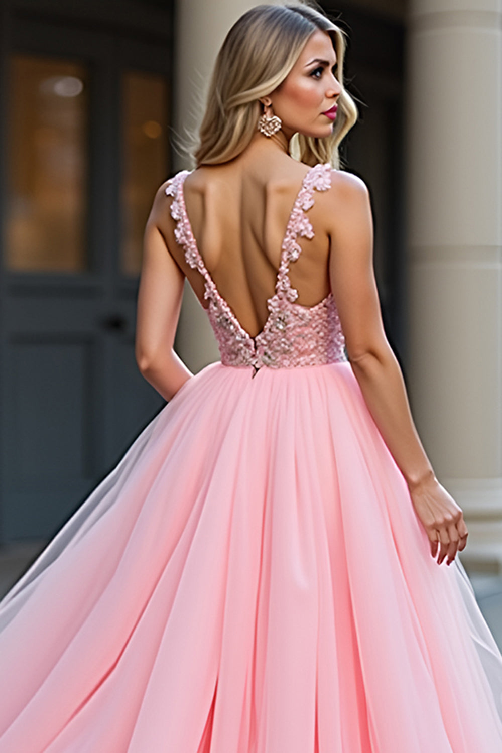 Blush Pink Ball Gown Deep V Neck Appliqued Long Formal Dress with Slit