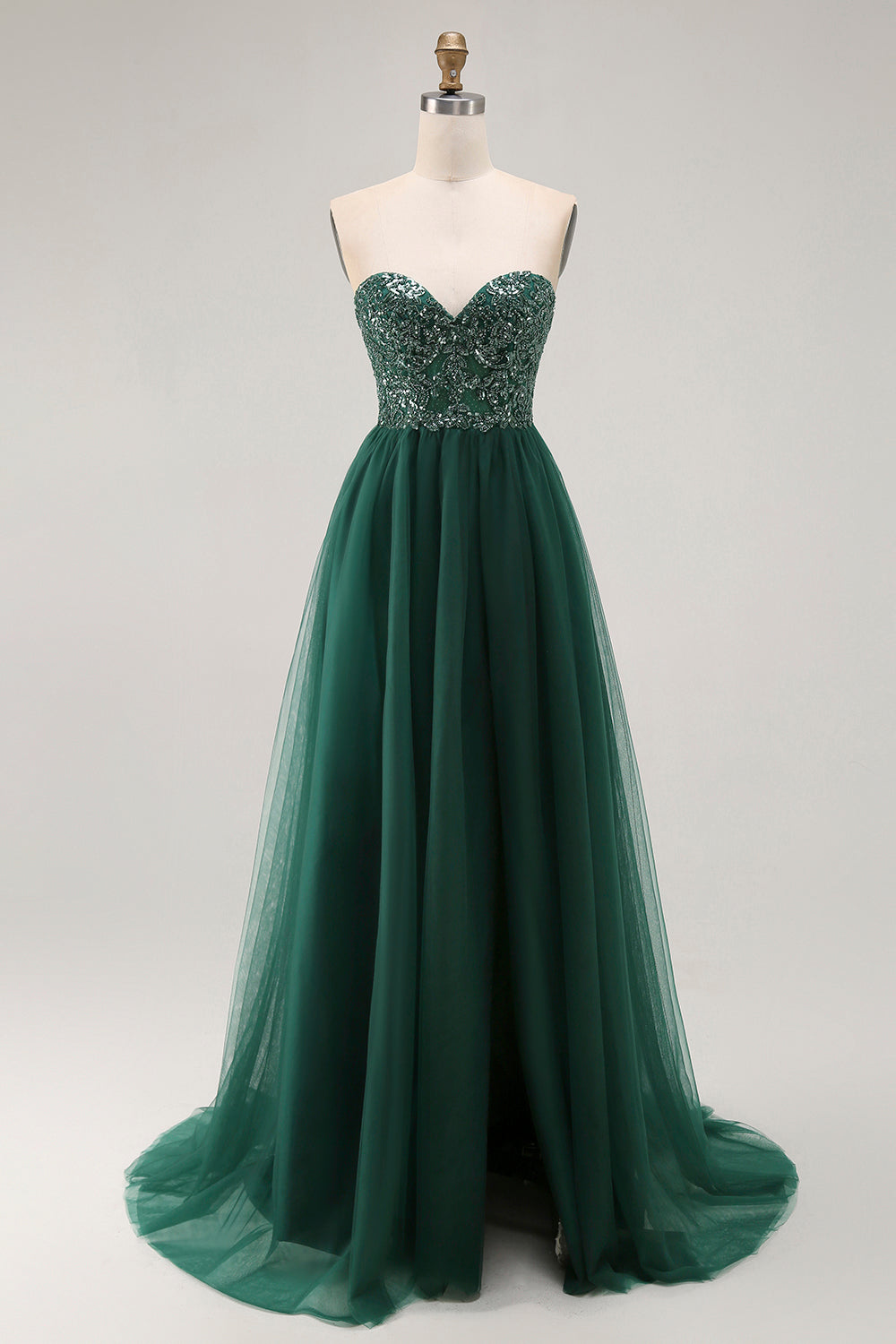 Dark Green Sequin Strapless A Line Long Prom Dress