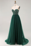 Dark Green Sequin Strapless A Line Long Prom Dress