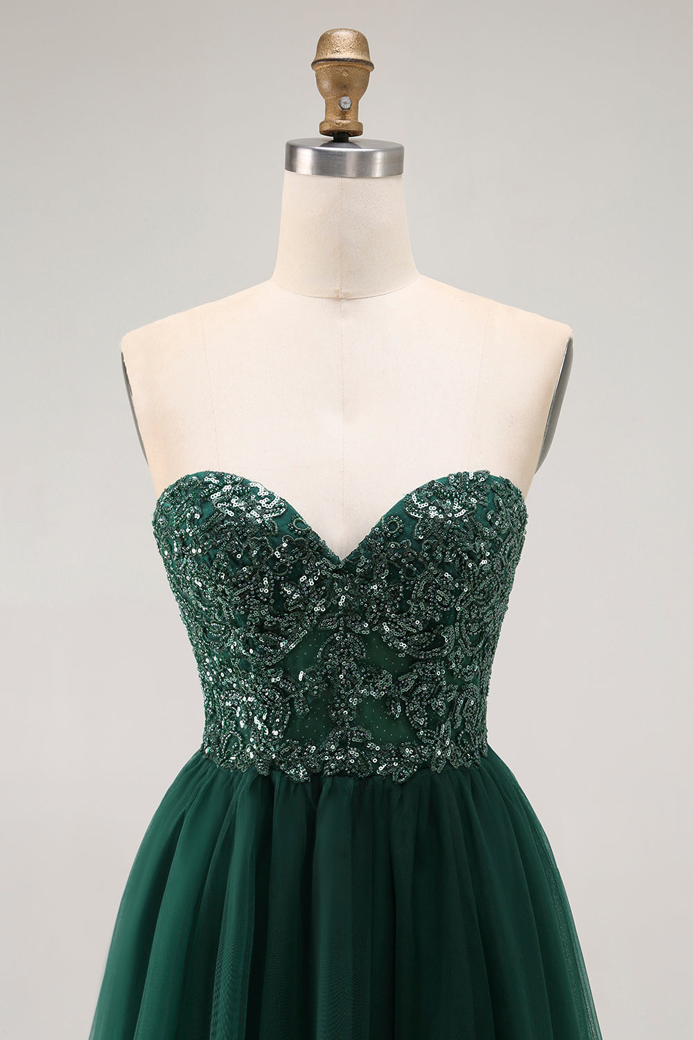 Dark Green Sequin Strapless A Line Long Prom Dress