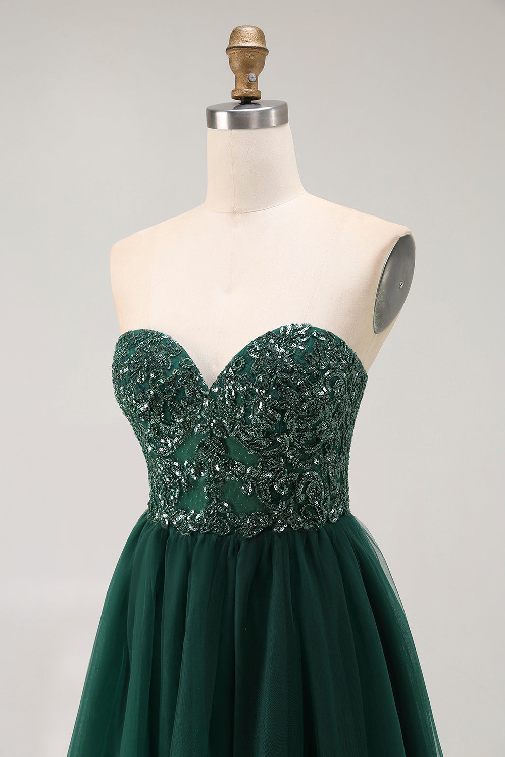 Dark Green Sequin Strapless A Line Long Prom Dress