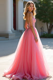 Sparkly Blush Pink A Line Tulle Long Formal Dress with Sequins