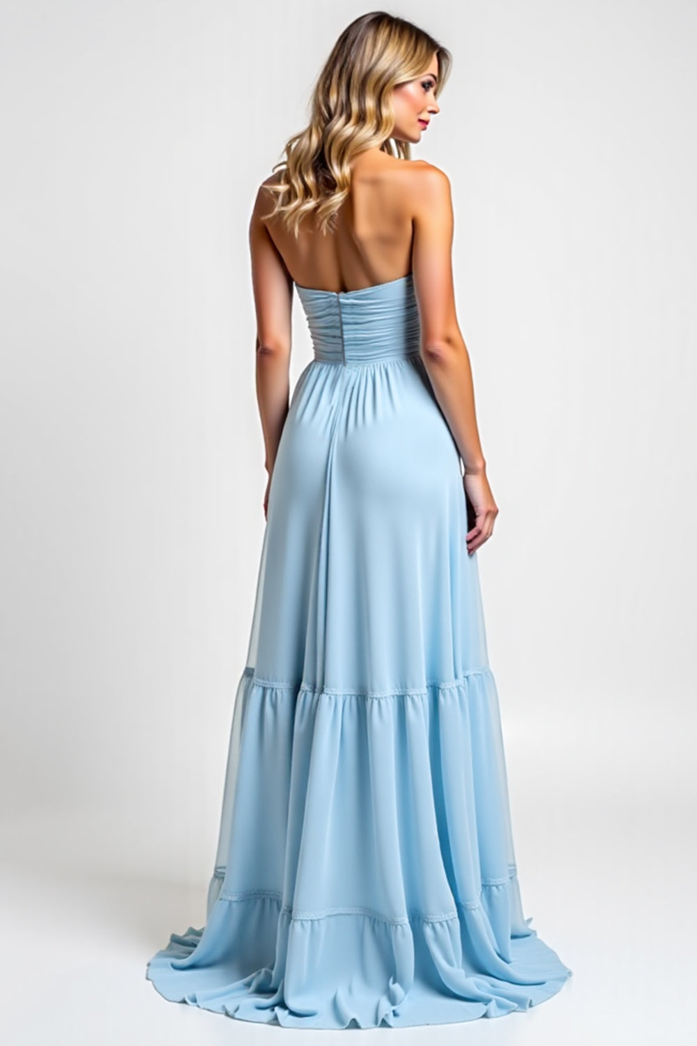 Strapless Ruched Tiered A Line Sky Blue Bridesmaid Dress