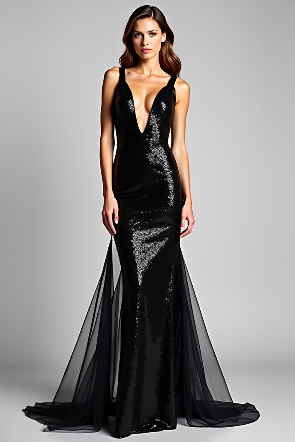 Sparkly Black Mermaid Deep V-Neck Long Formal Dress with Slit