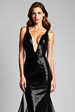 Sparkly Black Mermaid Deep V-Neck Long Formal Dress with Slit