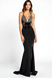 Black Mermaid Halter Neck Long Formal Dress with Slit