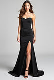 Mermaid Sweetheart Black Satin Long Formal Dress with Slit