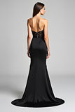 Mermaid Sweetheart Black Satin Long Formal Dress with Slit