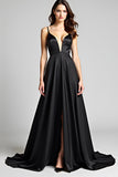 Black Spaghetti Straps A Line Satin Long Formal Dress with Slit