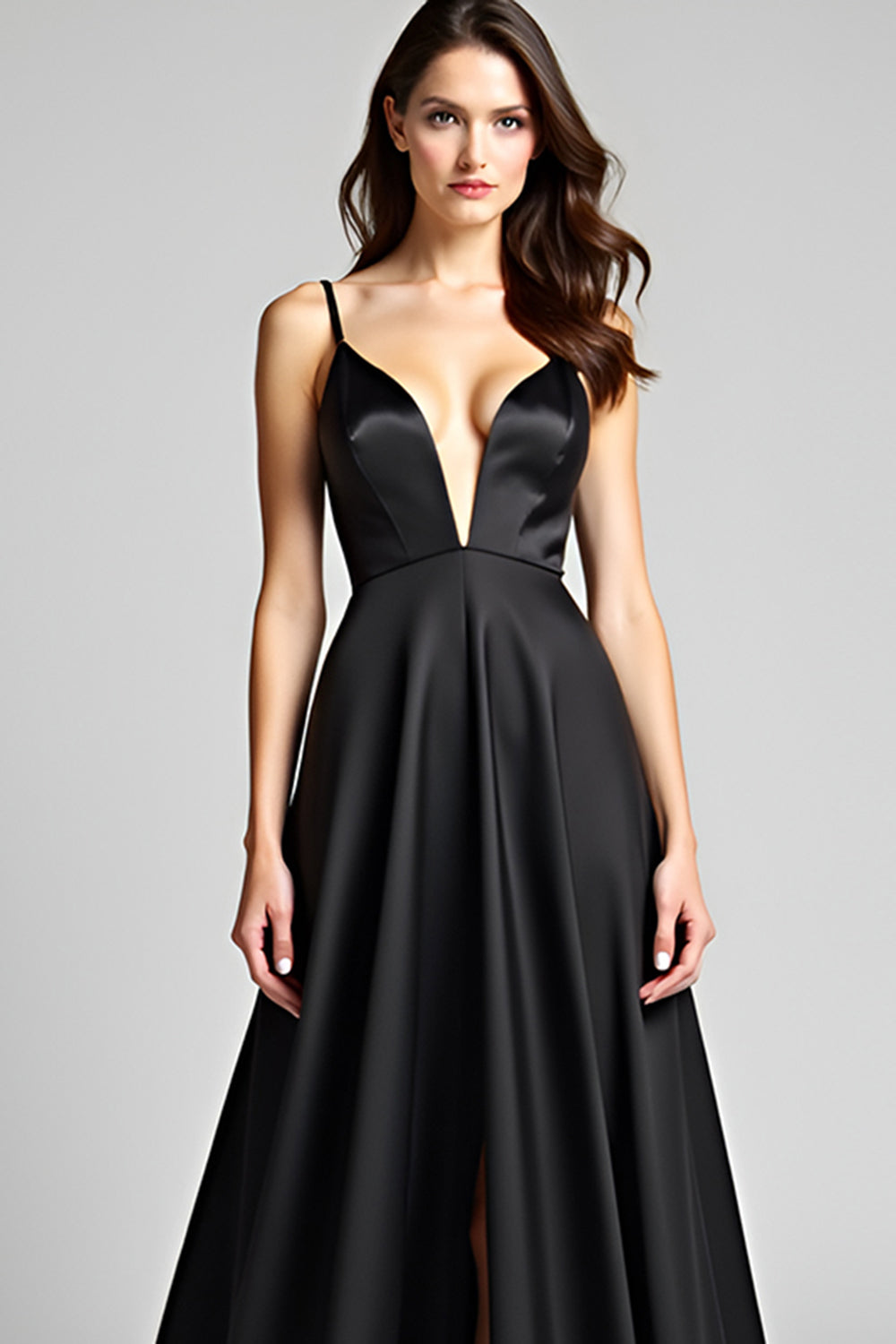 Black Spaghetti Straps A Line Satin Long Formal Dress with Slit