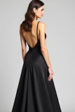 Black Spaghetti Straps A Line Satin Long Formal Dress with Slit