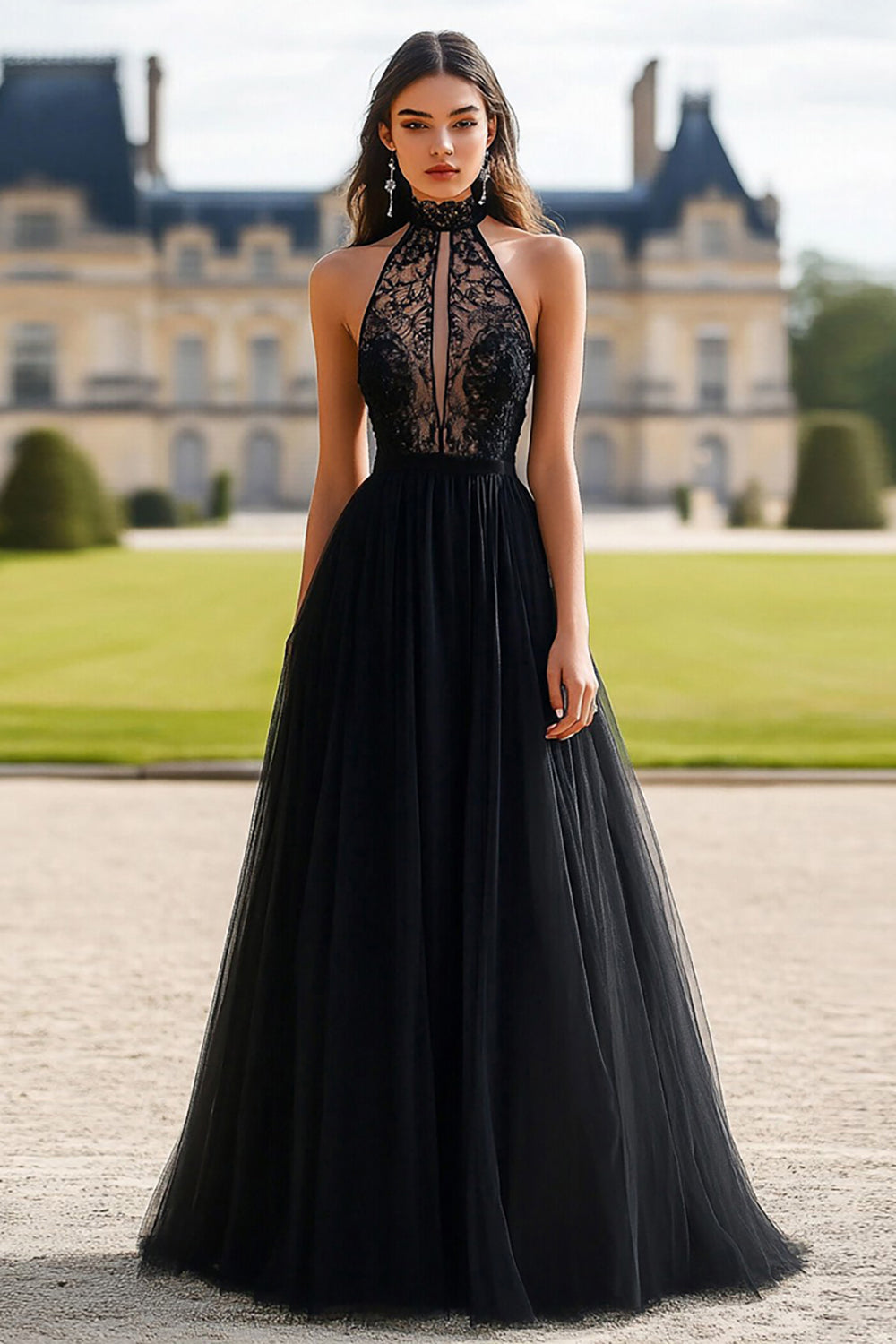 Black Halter A Line Tulle Long Formal Dress with Lace