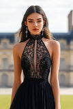 Black Halter A Line Tulle Long Formal Dress with Lace