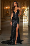 Sparkly Deep V-Neck Black Sequin Sheath Long Formal Dress with Slit