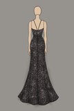 Sparkly Deep V-Neck Black Sequin Sheath Long Formal Dress with Slit
