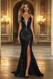 Sparkly Black Mermaid Deep V-Neck Sequins Long Formal Dress with Slit