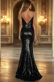 Sparkly Black Mermaid Deep V-Neck Sequins Long Formal Dress with Slit