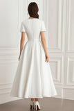 Ivory Round Neck Jacquard A-Line Long Formal Dress with Short Sleeves