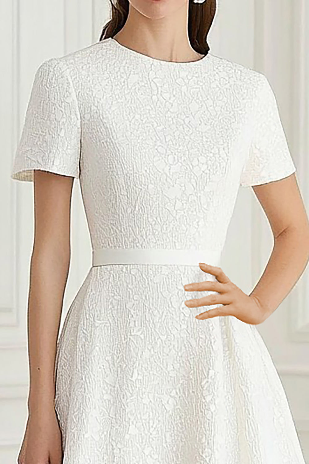 Ivory Round Neck Jacquard A-Line Long Formal Dress with Short Sleeves