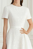 Ivory Round Neck Jacquard A-Line Long Formal Dress with Short Sleeves