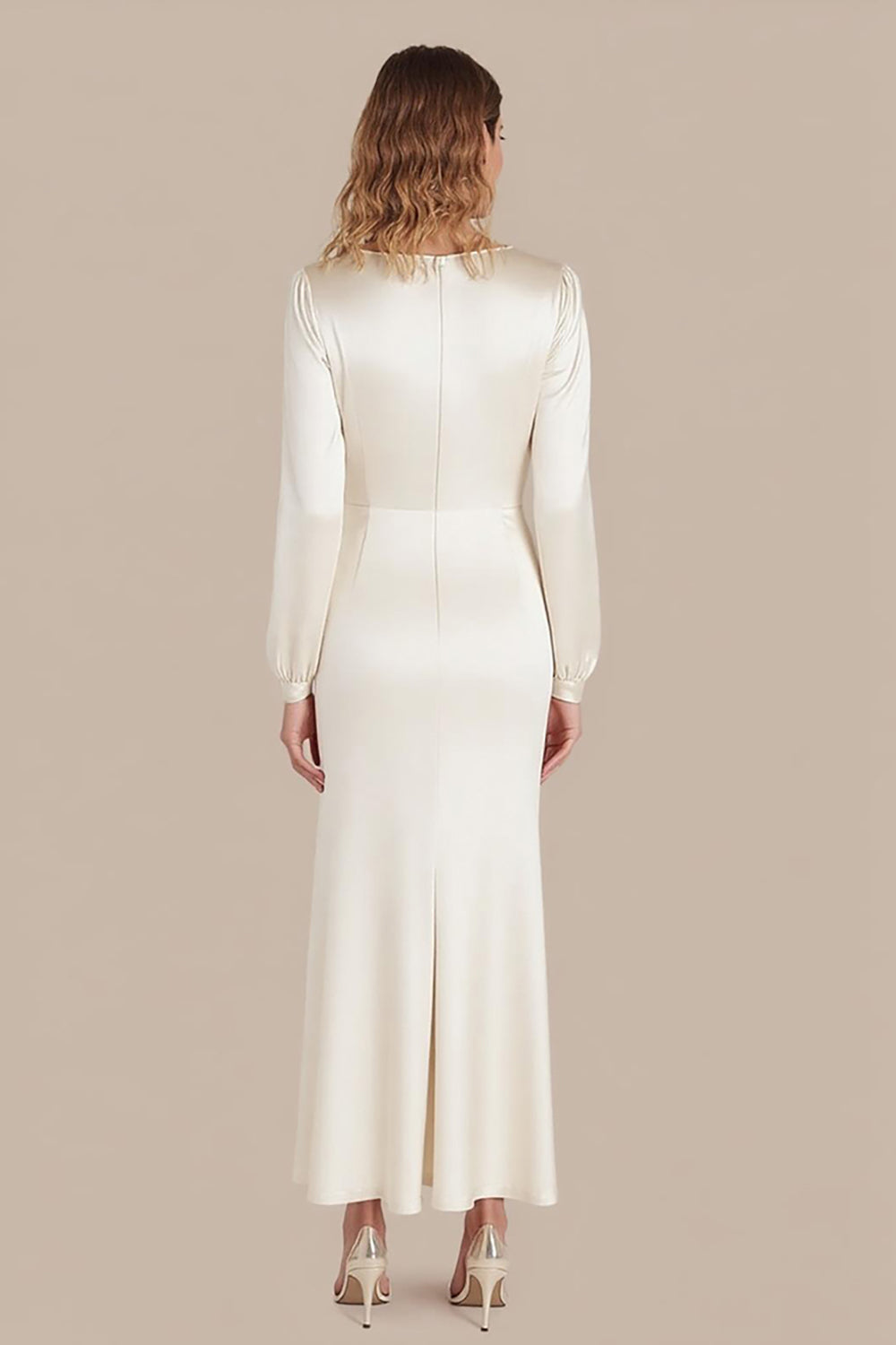 Ivory Satin Boat Neck A-Line Long Formal Dress with Long Sleeves