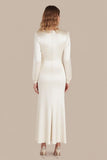 Ivory Satin Boat Neck A-Line Long Formal Dress with Long Sleeves