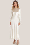 Ivory Satin Boat Neck A-Line Long Formal Dress with Long Sleeves