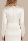 Ivory Satin Boat Neck A-Line Long Formal Dress with Long Sleeves