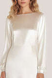 Ivory Satin Boat Neck A-Line Long Formal Dress with Long Sleeves