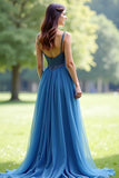Sparkly Grey Blue Organza Spaghetti Straps A Line Long Formal Dress