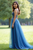 Sparkly Grey Blue Organza Spaghetti Straps A Line Long Formal Dress