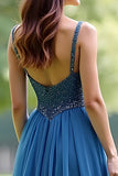 Sparkly Grey Blue Organza Spaghetti Straps A Line Long Formal Dress