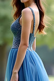 Sparkly Grey Blue Organza Spaghetti Straps A Line Long Formal Dress