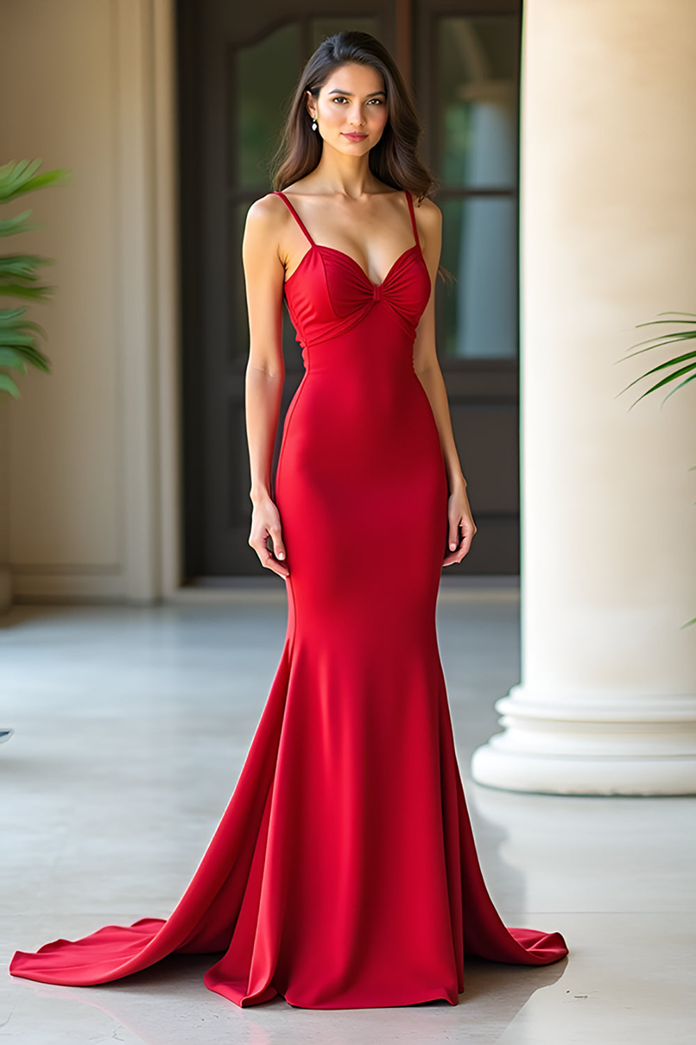 Red Satin Mermaid Spaghetti Straps Long Formal Dress