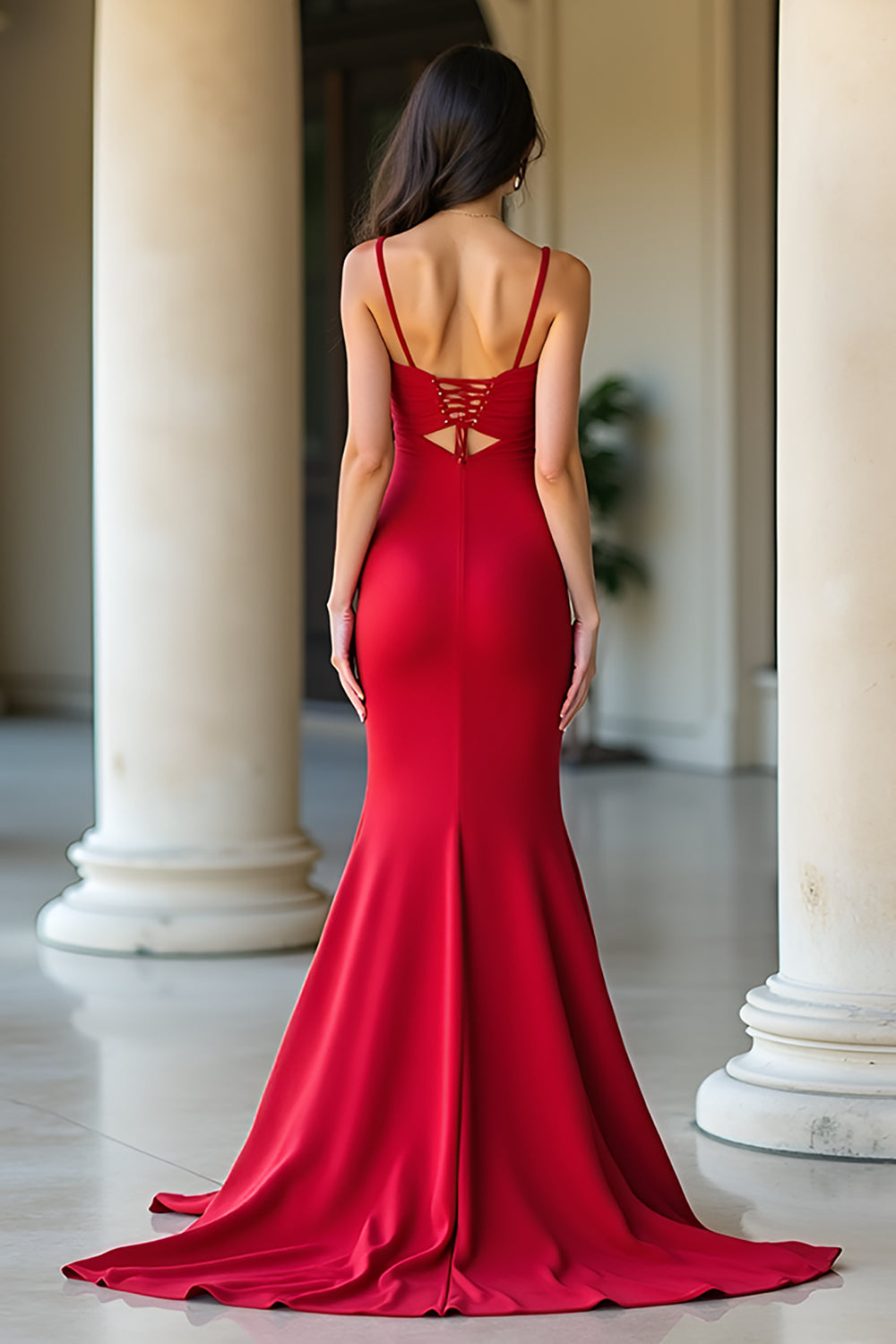 Red Satin Mermaid Spaghetti Straps Long Formal Dress