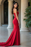 Red Satin Mermaid Spaghetti Straps Long Formal Dress
