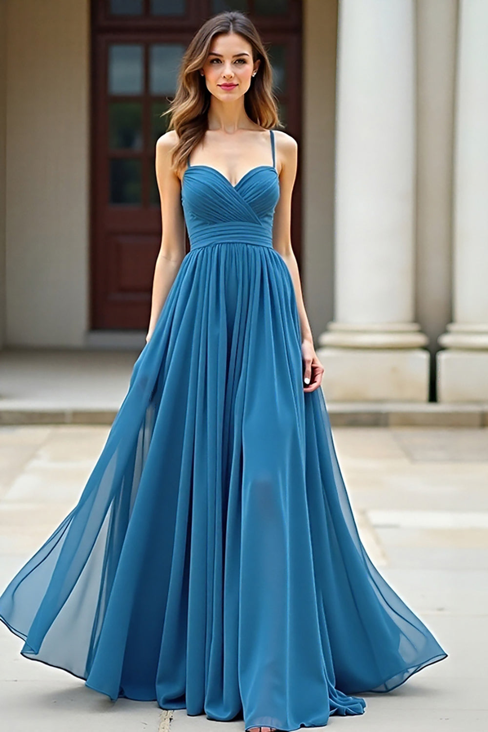 Blue Chiffon A Line Spaghetti Straps Ruched Long Formal Dress