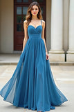 Blue Chiffon A Line Spaghetti Straps Ruched Long Formal Dress