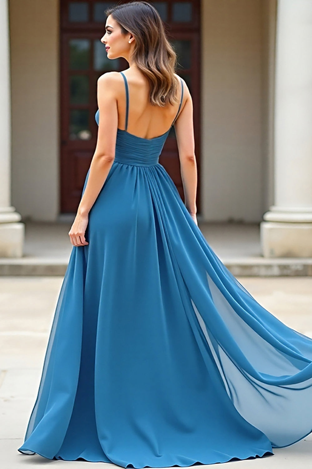 Blue Chiffon A Line Spaghetti Straps Ruched Long Formal Dress