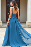 Blue Chiffon A Line Spaghetti Straps Ruched Long Formal Dress