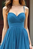 Blue Chiffon A Line Spaghetti Straps Ruched Long Formal Dress