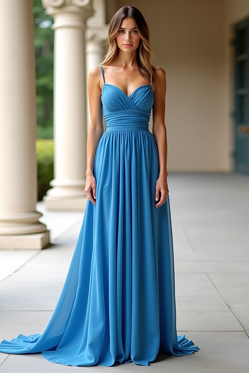 Chiffon A Line Blue Spaghetti Straps Pleated Long Formal Dress