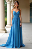 Chiffon A Line Blue Spaghetti Straps Pleated Long Formal Dress