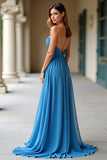 Chiffon A Line Blue Spaghetti Straps Pleated Long Formal Dress