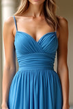Chiffon A Line Blue Spaghetti Straps Pleated Long Formal Dress