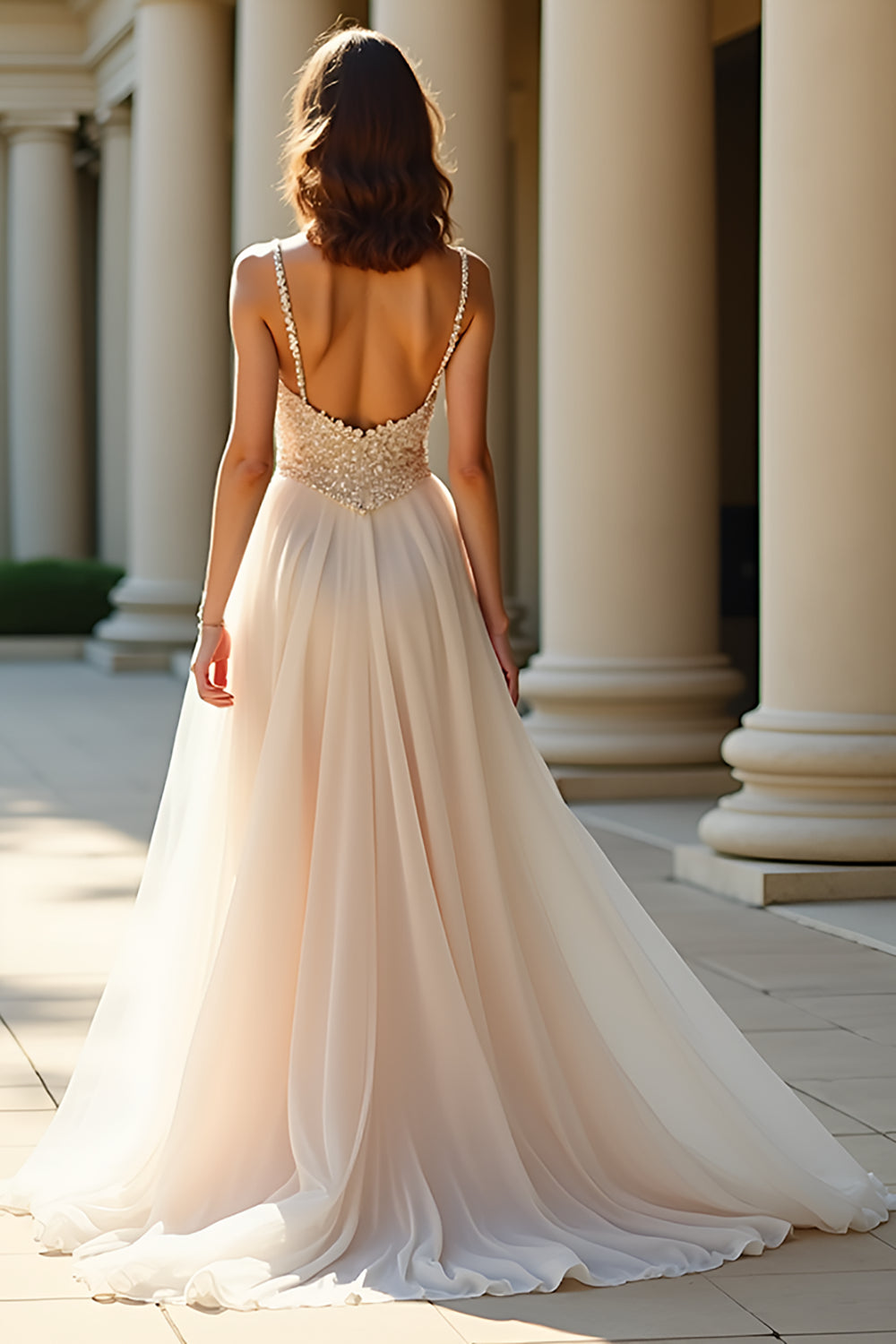 A Line Champagne Spaghetti Straps Long Formal Dress with Slit