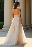 A Line Champagne Spaghetti Straps Long Formal Dress with Slit