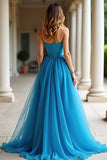 A Line Blue Sweetheart Tulle Long Formal Dress with Slit